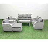 Fimous PE Wicker Rattan Garden Furniture Set - Light Grey Adjustable Reclining Chair Sofa Lounge Set with Coffee Table & Big Footstool