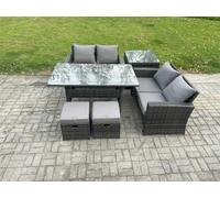 Fimous PE Wicker Rattan Garden Furniture Set Love Sofa Outdoor Rectangular Dining Table 2 Small Footstool Side Table Dark Grey Mixed