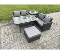 Fimous PE Wicker Rattan Garden Furniture Set Love Sofa Outdoor Rectangular Dining Table Big Footstool Side Table Dark Grey Mixed Fimous Dark Grey