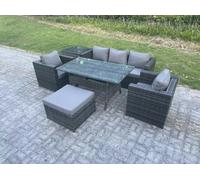 PE Wicker Rattan Garden Furniture Set Outdoor Rectangular Dining Table Side Table Stool 6 Seater Fimous Dark Grey One Size