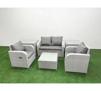 Fimous Light Grey PE Wicker Rattan Garden Furniture Set Sofa Set Reclining Adjustable Chair Square Coffee Table 4 Seater With 2 Side Table