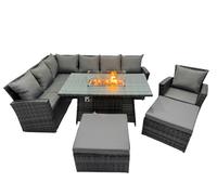 Fimous Poly Rattan Outdoor Patio Gas Firpit Dining Table Corner Sofa Set with 2 Big Stools Chair for Garden Backyard Dark Grey Mixed Dark Grey
