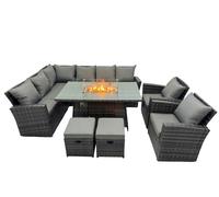 Fimous Poly Rattan Outdoor Patio Gas Fire Pit Dining Table Corner Sofa Set with 2 Small Stools 2 Chairs for Garden Backyard Dark Grey Mixed