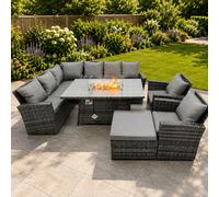 Fimous Poly Rattan Outdoor Patio Gas Fire Pit Dining Table Corner Sofa Set with Big Stool 2 Chairs for Garden Backyard Dark Grey Mixed