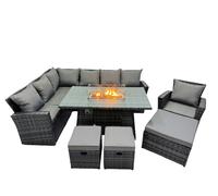 Fimous Poly Rattan Outdoor Patio Gas Firpit Dining Table Corner Sofa Set with 3 Stools Chair for Garden Backyard Dark Grey Mixed