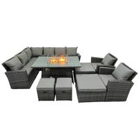 Fimous Poly Rattan Outdoor Patio Gas Firpit Dining Table Corner Sofa Set with 4 Stools 2 Chairs for Garden Backyard Dark Grey Mixed
