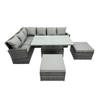 Fimous Poly Rattan Outdoor Patio Height Adjustable Rising Lifting Table Corner Sofa Set with 2 Big Stool for Garden Backyard Dark Grey Mixed