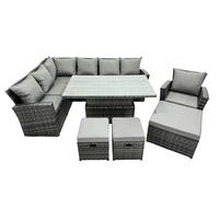 Fimous Poly Rattan Outdoor Patio Height Adjustable Rising Lifting Table Corner Sofa Set with 3 Stools for Garden Backyard Dark Grey Mixed