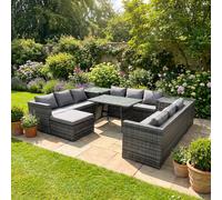 Fimous Rattan 10 Seater Outdoor Garden Furniture Set with U Shape Sofa, Dining Table, 2 Side Tables & Footstool - Dark Grey