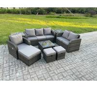 Fimous Rattan 9 Piece Patio Set - Square Coffee Table, Reclining Chair, Loveseat, 3-Seater Sofa, 3 Footstools & 2 Side Tables