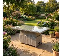 Fimous Rattan Adjustable Rising Dining or Coffee Table in Light Grey Mixed with Clear Tempered Glass