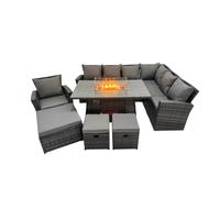 Fimous Outdoor Furniture Garden Dining Set Rattan Corner Sofa Chair Set Gas Fire Pit Table with Temper Glass 3 Footstools Dark Grey Mixed