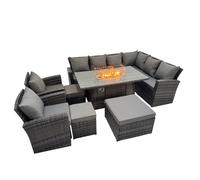 Fimous Rattan Corner Sofa Chair Set Gas Fire Pit Table with 3 Footstools in Dark Grey Fimous Dark Grey