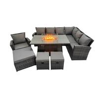 Fimous Rattan Corner Sofa Chair Set Gas Fire Pit Table with 3 Footstools in Dark Grey Fimous Dark Grey