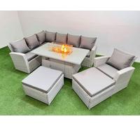 Rattan Corner Sofa Chair Set Gas Fire Pit Table with Temper Glass Fimous Light Grey One Size