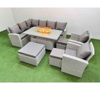 Rattan Corner Sofa Set Gas Fire Pit Table with Temper Glass 3 Stools Fimous Light Grey One Size