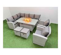 Fimous Rattan Corner Sofa Chair Set Outdoor Furniture Garden Dining Sets Gas Fire Pit Table with Temper Glass 2 Footstools Light Grey Mixed
