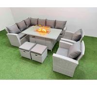 Rattan Corner Sofa Set Gas Fire Pit Table with Temper Glass 2 Stools Fimous Light Grey One Size