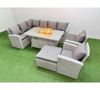 Fimous Rattan Corner Sofa Set Gas Fire Pit Table with Temper Glass Stools in Light Grey Fimous Light Grey