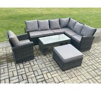 Fimous Rattan Corner Sofa Garden Furniture Set with Big Footstool Rectangular Coffee Table Armchair with Cushion Dark Grey Mixed