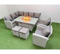 Rattan Corner Sofa Set Gas Fire Pit Table with Temper Glass 2 Stools Fimous Light Grey One Size