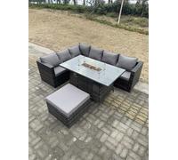 Rattan Corner Sofa Set Gas Firepit Dining Table Set Patio Heater Burner With Big Footstool Dark Grey Fimous Dark Grey One Size