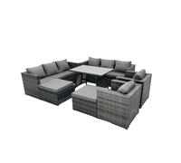 Fimous Rattan Dining Table Sofa Set with 2 Big Footstools Outdoor 10 Seat