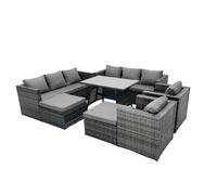Fimous Rattan Dining Table Sofa Set with 2 Big Footstools Outdoor 10 Seat