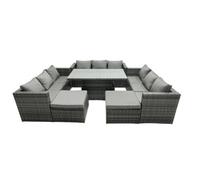 Fimous Rattan Dining Table Sofa Set with 2 Big Stool Outdoor 11 Seat Garden Furniture Set Dark Grey Mixed