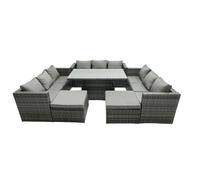 Fimous Rattan Dining Table Sofa Set with 2 Big Stool Outdoor 11 Seat in Dark Grey Fimous Dark Grey