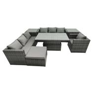 Fimous Rattan Dining Table Sofa Set with 2 Side Table Big Footstool Armchair Outdoor 8 Seat Garden Furniture Set Dark Grey Mixed