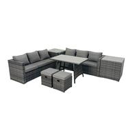 Fimous Rattan Dining Table Sofa Set with 2 Side Table Small Footstool Outdoor in Dark Grey Fimous Dark Grey