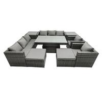 Fimous Rattan Dining Table Sofa Set With 2 Side Tables 2 Armchair 2 Stools Outdoor 10 Seat Garden Furniture Set Dark Grey Mixed