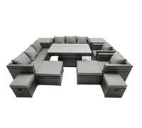 Fimous Rattan Dining Table Sofa Set With 2 Side Tables 2 Armchair 4 Stools Outdoor 12 Seat Garden Furniture Set Dark Grey Mixed