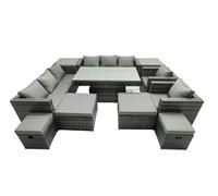 Fimous Rattan Dining Table Sofa Set with 2 Side Tables 4 Stools 12 Seat