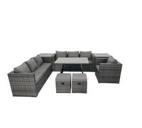 Fimous Rattan Dining Table Sofa Set With 2 Side Tables 2 Small Footstools Outdoor 9 Seat Garden Furniture Set Dark Grey Mixed
