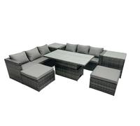 Fimous Rattan Dining Table Sofa Set with 2 Side Tables 2 Stools Outdoor 8 Seat Garden Furniture Set Dark Grey Mixed