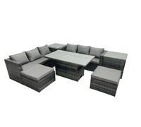 Fimous Rattan Dining Table Sofa Set with 2 Side Tables 2 Stools Outdoor 8 Seat Garden Furniture Set Dark Grey Mixed Dark Grey