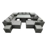 Fimous Rattan Dining Table Sofa Set with 2 Side Tables 4 Stools 12 Seat in Dark Grey Fimous Dark Grey