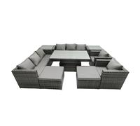 Fimous Rattan Dining Table Sofa Set with 2 Side Tables Stools Outdoor 10 Seat
