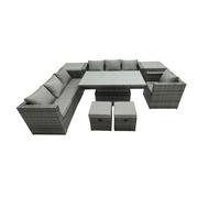 Fimous Rattan Dining Table Sofa Set with 2 Small Stools Outdoor 9 Seat