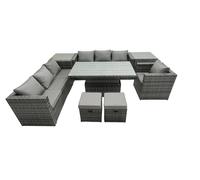 Fimous Rattan Dining Table Sofa Set with 2 Small Stools Outdoor 9 Seat in Dark Grey Fimous Dark Grey