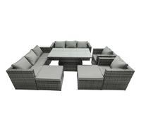Fimous Rattan Dining Table Sofa Set with 2Stools Outdoor 10 Seat in Dark Grey Fimous Dark Grey