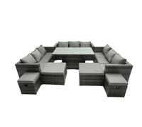 Fimous Rattan Dining Table Sofa Set with 4 Stools Outdoor 13 Seat Garden Furniture Set Dark Grey Mixed