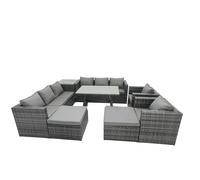 Fimous Rattan Dining Table Sofa Set with Side Table 2 Big Footstools 10 Seat in Dark Grey Fimous Dark Grey
