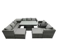 Fimous Rattan Dining Table Sofa Set with Side Table 2 Stools Outdoor 10 Seat in Dark Grey Fimous Dark Grey