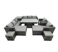 Fimous Rattan Dining Table Sofa Set with Side Table 2 Armchair 4 Stools Outdoor 12 Seat Garden Furniture Set Dark Grey Mixed