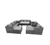 Fimous Rattan Dining Table Sofa Set With Armchair Side Table 2 Big Footstools Outdoor 10 Seat Garden Furniture Set Dark Grey Mixed