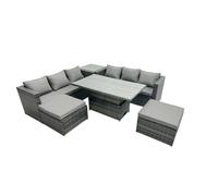 Fimous Rattan Dining Table Sofa Set with Side Table 2 Stools Outdoor 8 Seat Garden Furniture Set Dark Grey Mixed