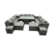 Fimous Rattan Dining Table Sofa Set with Side Table 4 Stools Outdoor 13 Seat Garden Furniture Set Dark Grey Mixed